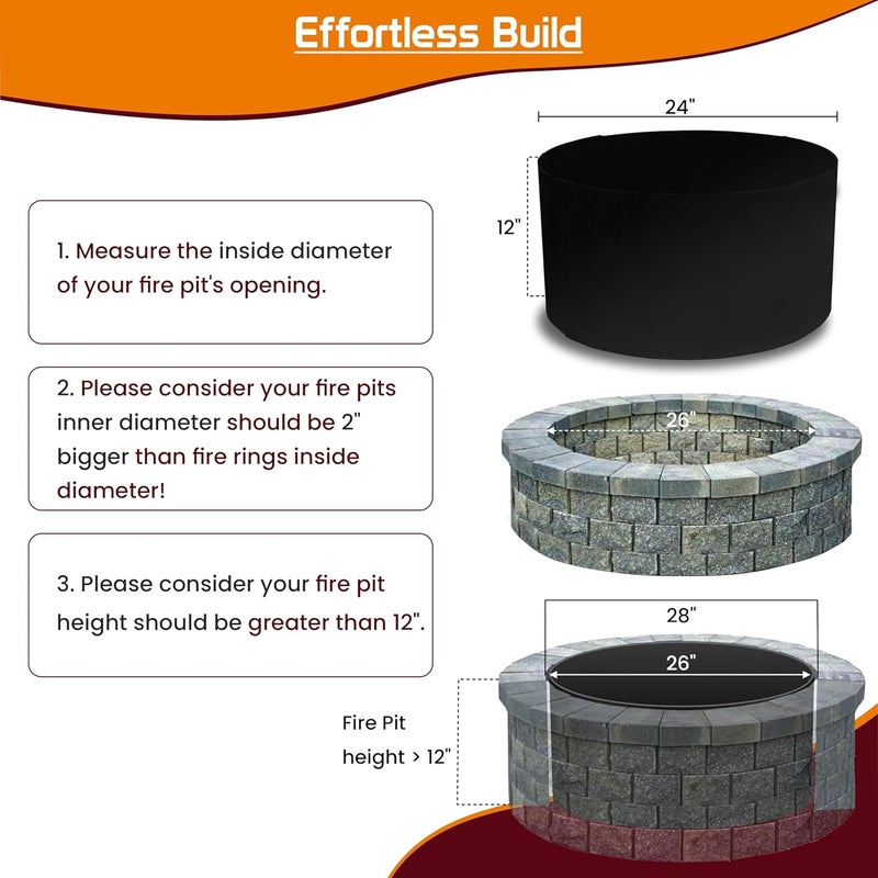 FEBTECH SIMOND Store Portable Fire Pit Ring Liner - 24" X 12" No Bottom 2mm Heavy Duty Steel Round Fire Pit Insert - Above or In-Ground DIY Fire Ring Insert for Outdoor Garden, Patio, Camping & Bonfire - Image 4